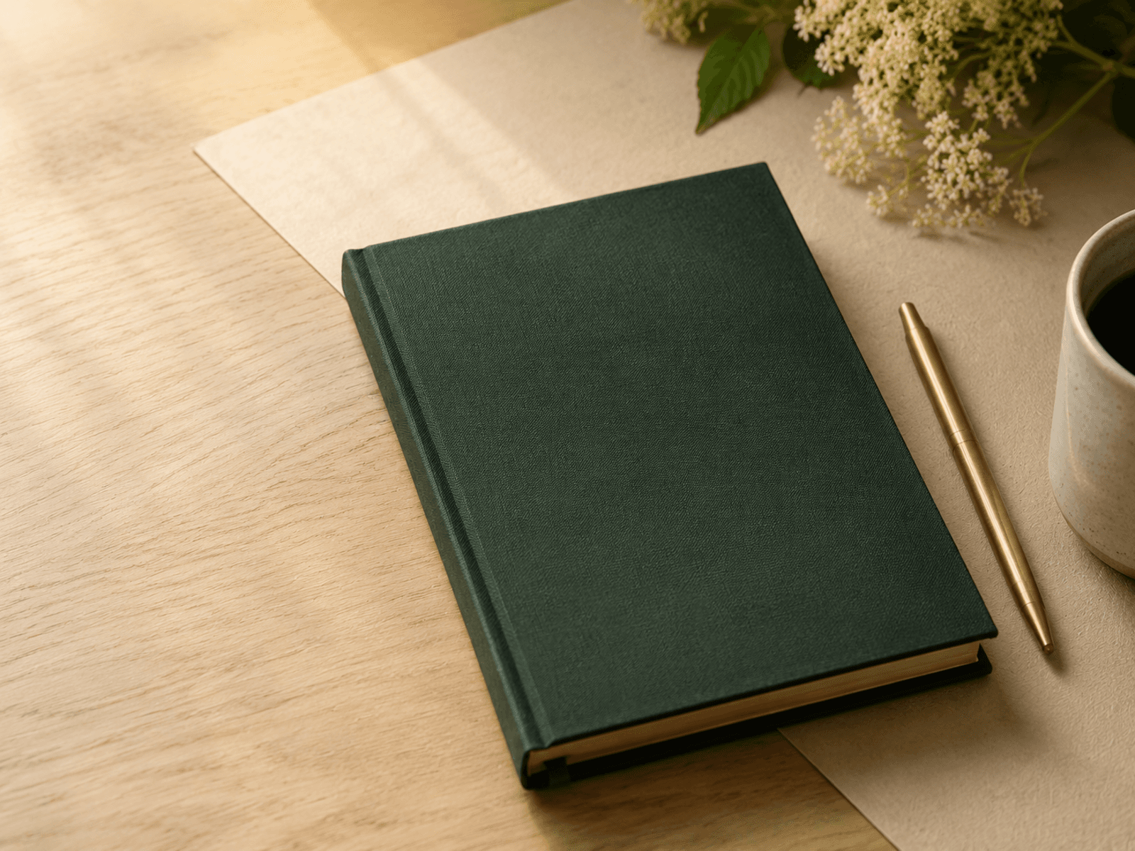 A green assessment notebook, pen and coffee arranged on a desk