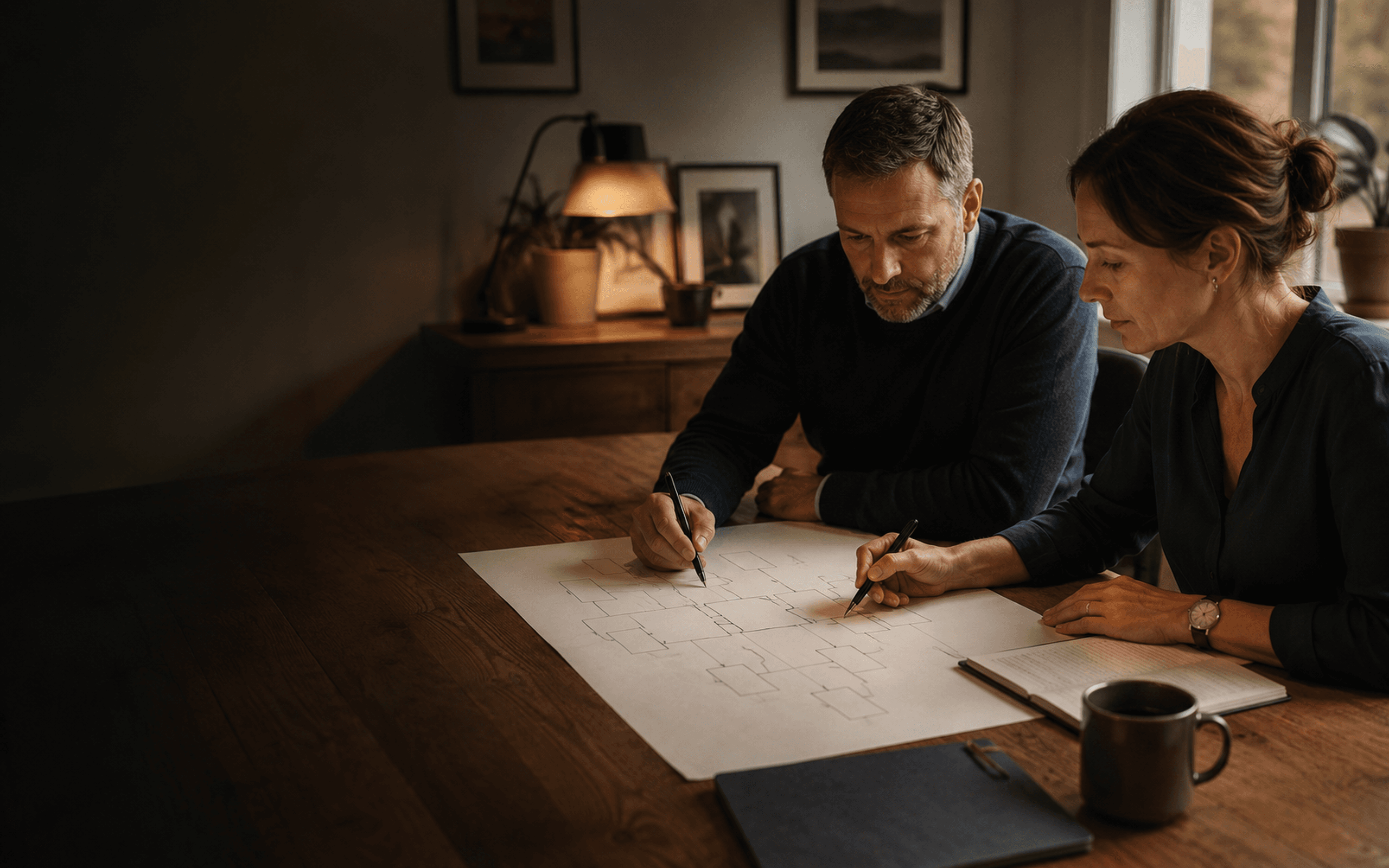 Two service leaders mapping an operational workflow together at a table